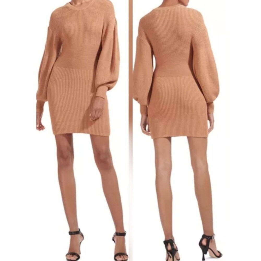STAUD Camel Marylebone Ribbed Knit Sweater Dress Size XL Chic Feminine Cozy - Picture 1 of 8